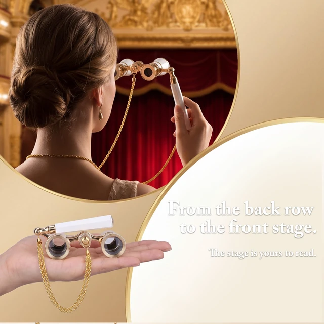 Alt view image 2 of 7 - 3X25 Opera Glasses with Neck Chain & Extendable Handle Pocket Theater Binoculars for Live Performances, Crisp 25mm Lenses for Concerts, Ballet & Musicals, Compact for Adults, Women & Kids White