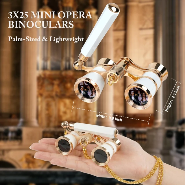 Alt view image 5 of 7 - 3X25 Opera Glasses with Neck Chain & Extendable Handle Pocket Theater Binoculars for Live Performances, Crisp 25mm Lenses for Concerts, Ballet & Musicals, Compact for Adults, Women & Kids White