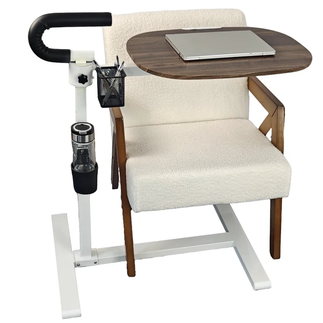 Alt view image 4 of 7 - Adjustable Swivel Tray Table for Recliner, 360° Rotating TV Tray Table Support Handle, Built-in Cup Holder & Metal Pen Holder, Height Adjustable Overbed Side Table for Seniors, Sofa, Eating, Working
