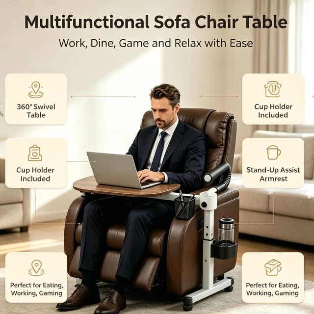 Alt view image 3 of 7 - Adjustable Swivel Tray Table for Recliner, 360° Rotating TV Tray Table Support Handle, Built-in Cup Holder & Metal Pen Holder, Height Adjustable Overbed Side Table for Seniors, Sofa, Eating, Working
