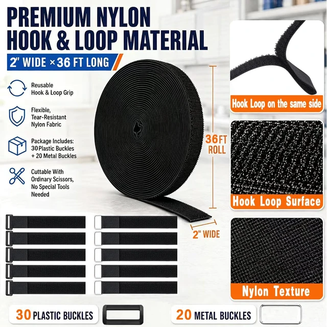 Alt view image 2 of 6 - 2"x36Ft Reusable Heavy Duty Hook and Loop Straps With 50 Buckles Adjustable Fastening Cable Straps,Cut-to-Length Cinch Strap,Black Nylon Cord Ties,Long Cable Ties for Organizer or Storage