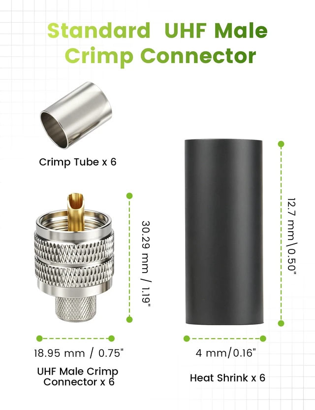 Alt view image 3 of 7 - 6-Pack UHF Male Crimp Connector for LMR400, KMR400, RG8, RG8U, RG213 Coaxial Cable PL259 Coax Adapter with Pre-Fixed Pin & Waterproof Heat Shrink for Ham CB Radio Antenna