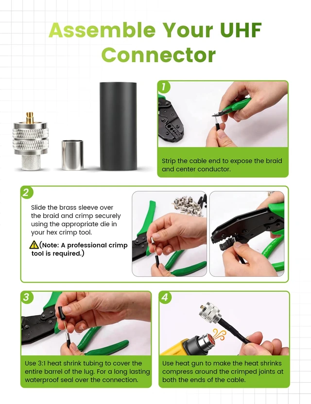 Alt view image 6 of 7 - 6-Pack UHF Male Crimp Connector for LMR400, KMR400, RG8, RG8U, RG213 Coaxial Cable PL259 Coax Adapter with Pre-Fixed Pin & Waterproof Heat Shrink for Ham CB Radio Antenna