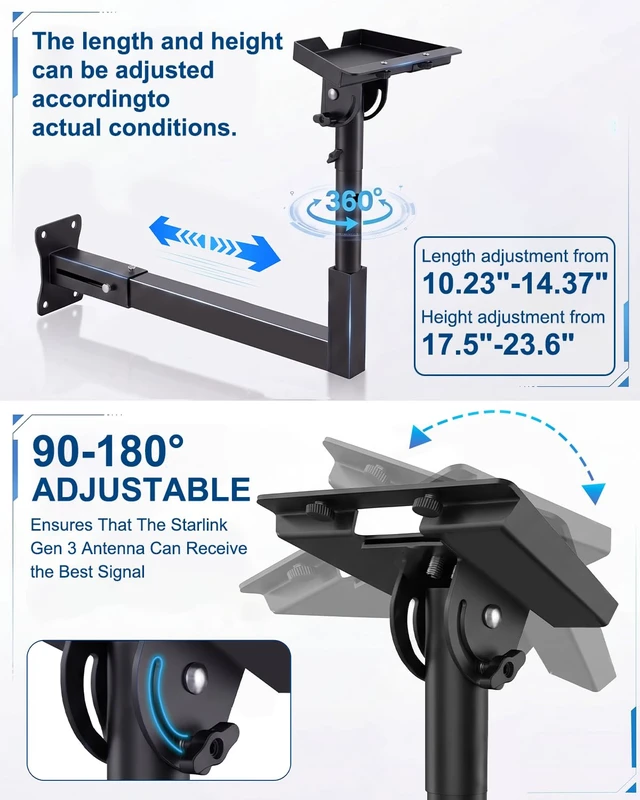 Alt view image 2 of 7 - Starlink Mount, Adjustable Starlink Wall Mount Gen 3 with Telescoping Support Arm, 0-180° Adjustable Pipe Adapter, Rustproof, Weatherproof for Concrete Walls and Wood Walls