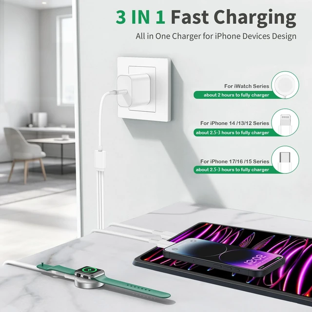 Alt view image 2 of 7 - for Apple Watch Charger Fast Charging, 3 in 1 iPhone and iWatch Cable 6FT with 20W USB C Charger Combo, Compatible with Apple Watch Series Ultra/SE/11/10/9/8/7/6/5/4/iPhone17/16/15/14/13/12/11 Series