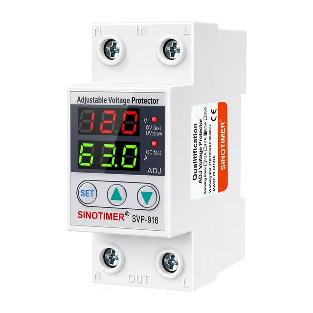 Main image of Adjustable Voltage Surge Protector 110VAC 120VAC, 2 LED Displays, Overvoltage and Undervoltage Current Limit Relay, Smart Circuit Breaker AC Disconnect, 60Hz 63A with DIN Rail Mount
