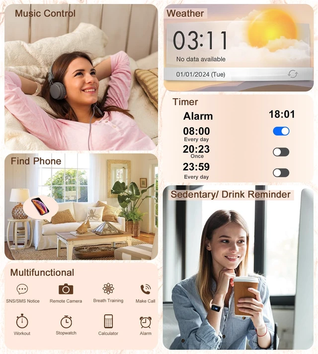 Alt view image 6 of 7 - Smart Watch for Women, Answer/Make Call, 1.85'' HD, DIY Dials - Rose Gold Fitness Tracker with Heart Rate/Sleep/SpO2 Monitor, Smartwatch for iPhone/Android, 120+ Sport Modes, Waterproof(3 Bands)