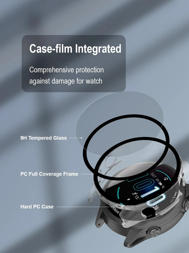 Alt view image 2 of 7 - Case with Screen Protector for Garmin Forerunner 970, 9H Glass 3 Black Cases + 4 Dust Plugs + ABS Box. Built-in Glass. 9H Hardness, Anti-Scratch, Anti-Bubble, HD Clarity, Anti-Fingerprint