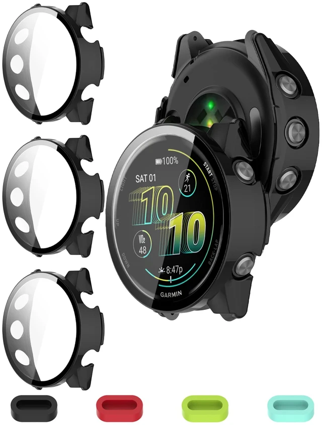 Main image of Case with Screen Protector for Garmin Forerunner 970, 9H Glass 3 Black Cases + 4 Dust Plugs + ABS Box. Built-in Glass. 9H Hardness, Anti-Scratch, Anti-Bubble, HD Clarity, Anti-Fingerprint