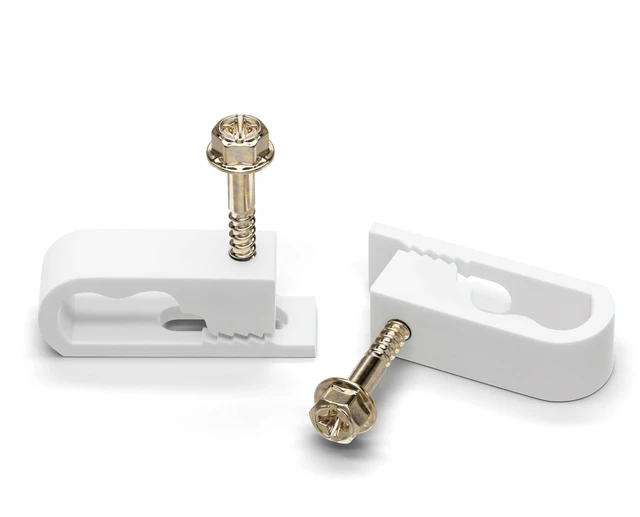 Main image of Dual Cable Clips with Screws - 1/2 Inch Coaxial Cable Clamps Outdoor - Exterior Cord Management for Coax, CAT Ethernet, Electrical Wire - Screw Clamps for Wires on Wall - 50 PCS, White