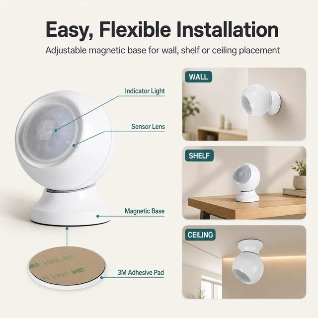 Alt view image 3 of 7 - Zigbee Human Presence Sensor, Battery-Powered, Zigbee Hub Required Battery-powered Zigbee 24 GHz Radar presence sensor with magnetic mount, light sensing, and adjustable detection settings