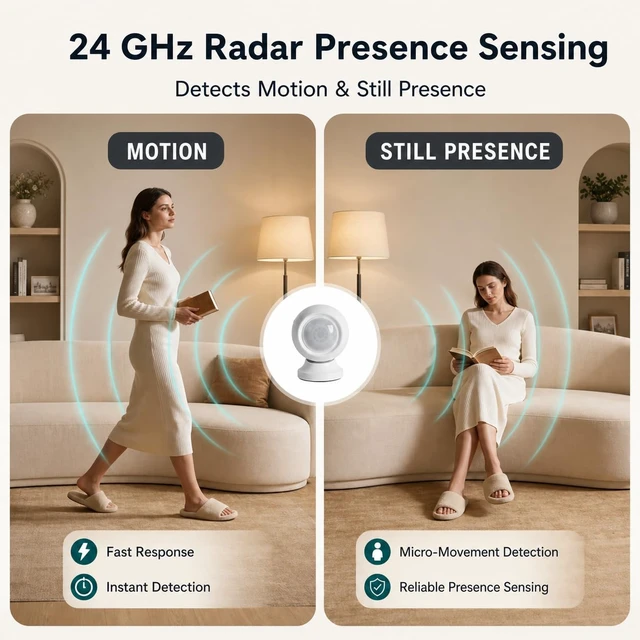 Alt view image 5 of 7 - Zigbee Human Presence Sensor, Battery-Powered, Zigbee Hub Required Battery-powered Zigbee 24 GHz Radar presence sensor with magnetic mount, light sensing, and adjustable detection settings