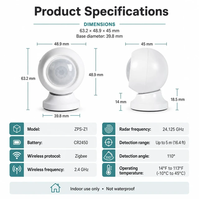 Alt view image 7 of 7 - Zigbee Human Presence Sensor, Battery-Powered, Zigbee Hub Required Battery-powered Zigbee 24 GHz Radar presence sensor with magnetic mount, light sensing, and adjustable detection settings