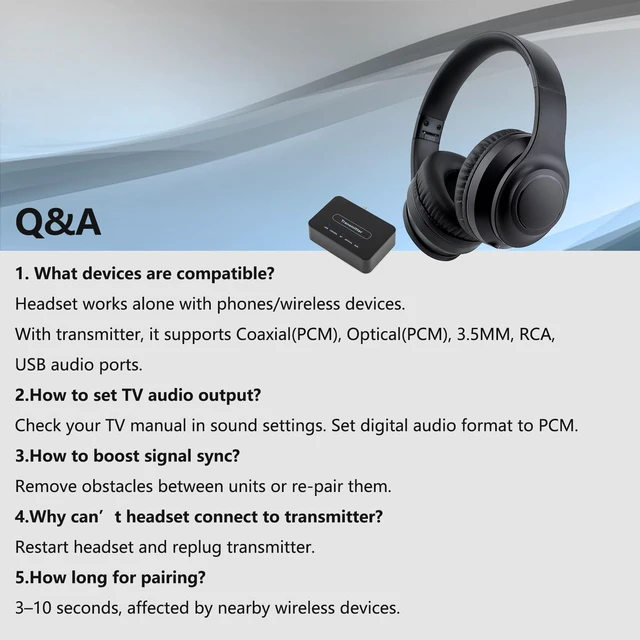 Alt view image 6 of 6 - Wireless TV Headphone with Multi-Port Transmitter Optical, Coaxial, RCA, USB, 3.5mm headphone jack port support, ANC headphone, Bluetooth 5.3 headset