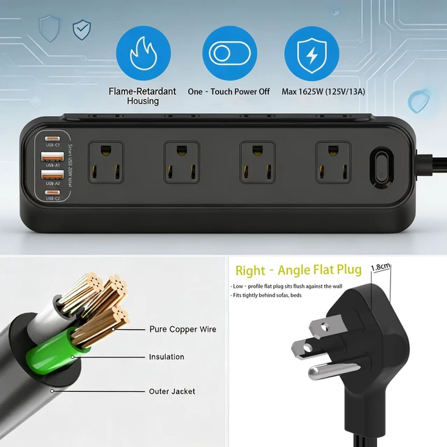 Alt view image 2 of 7 - Desk Clamp Power Strip 6FT, Flat Plug Charging Station, Black 8 AC Outlets, 4 USB Ports (2 PD20W USB-C), Overload Protection, Desk Organizer for Home & Dorm, Clamp Fits 2.5in Table Edge