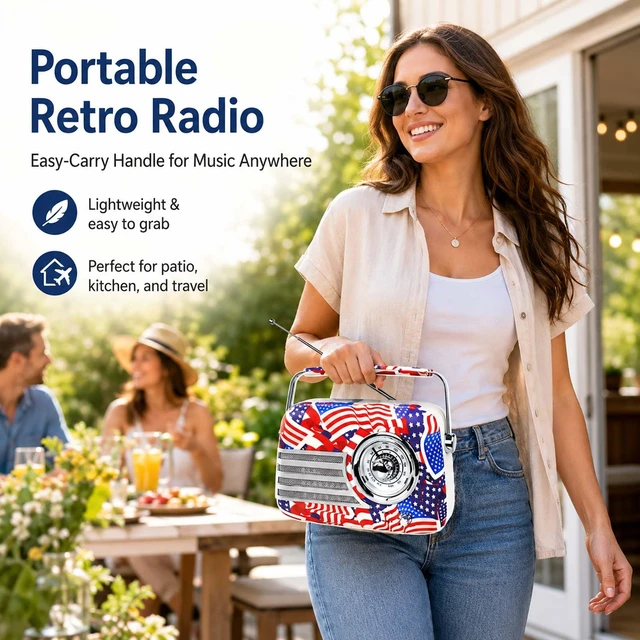 Alt view image 4 of 7 - Vintage Radio Bluetooth Speaker,Patriotic Flag 20+ Hours Playtime Rechargeable Retro Bluetooth Speaker,Portable Radio with Bluetooth/Type-C for Viantage Decor/Gift