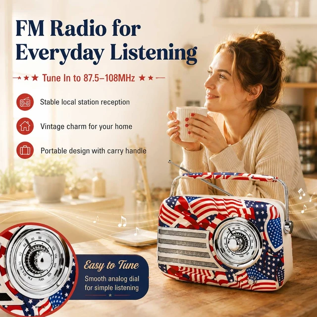 Alt view image 6 of 7 - Vintage Radio Bluetooth Speaker,Patriotic Flag 20+ Hours Playtime Rechargeable Retro Bluetooth Speaker,Portable Radio with Bluetooth/Type-C for Viantage Decor/Gift