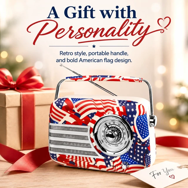 Alt view image 7 of 7 - Vintage Radio Bluetooth Speaker,Patriotic Flag 20+ Hours Playtime Rechargeable Retro Bluetooth Speaker,Portable Radio with Bluetooth/Type-C for Viantage Decor/Gift