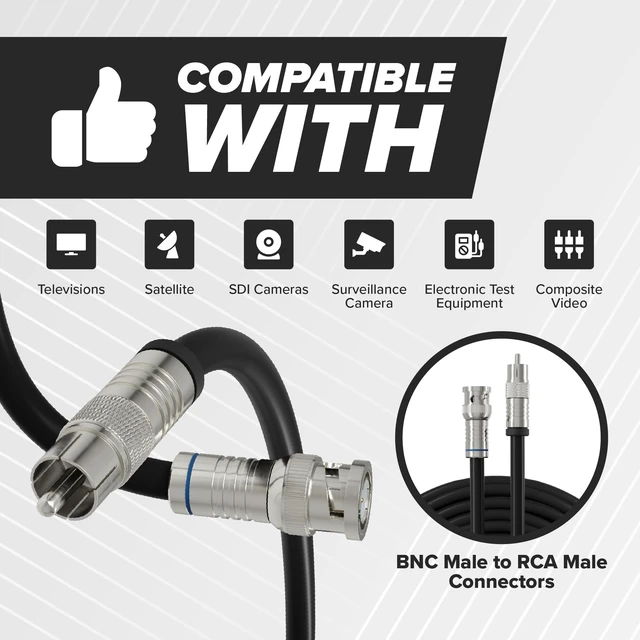 Alt view image 2 of 7 - BNC to RCA Cable 25 FT - Male BNC to Male RCA Coax - RG6 Coaxial to Composite Cable for SDI, HD-SDI, Audio/Video, CCTV, Camera - 25 Feet (7 Meters), Black