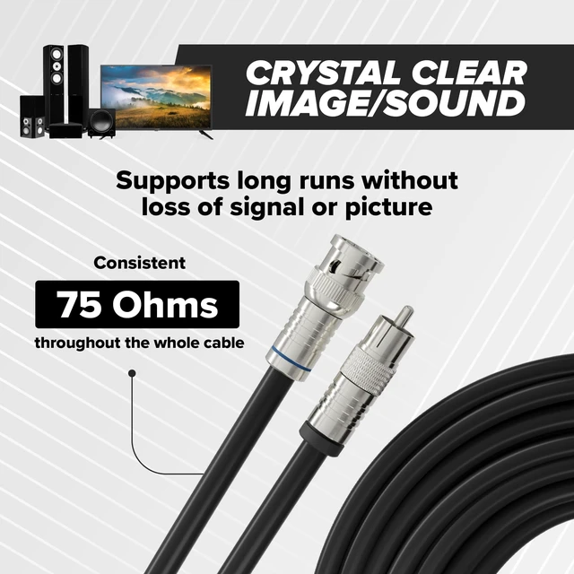 Alt view image 5 of 7 - BNC to RCA Cable 25 FT - Male BNC to Male RCA Coax - RG6 Coaxial to Composite Cable for SDI, HD-SDI, Audio/Video, CCTV, Camera - 25 Feet (7 Meters), Black