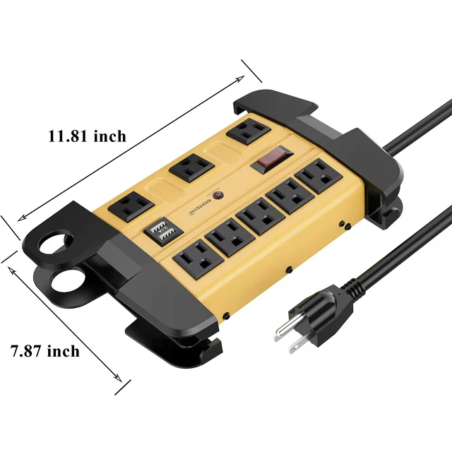 Alt view image 2 of 7 - 8 Outlets Heavy Duty 1800J Surge Protector Power Strip 2 USB Ports, 9 Ft Power Extension Cord, Wide Spaced For Office,Workspace,Factory,School, ETL Listed