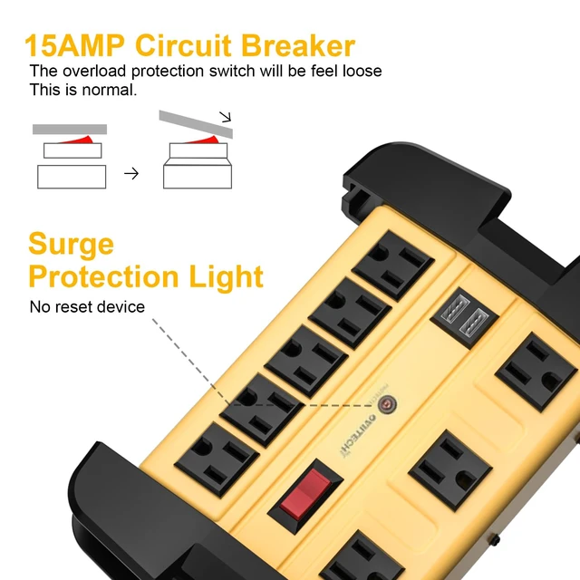 Alt view image 3 of 7 - 8 Outlets Heavy Duty 1800J Surge Protector Power Strip 2 USB Ports, 9 Ft Power Extension Cord, Wide Spaced For Office,Workspace,Factory,School, ETL Listed