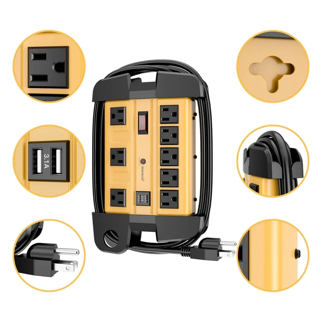 Alt view image 4 of 7 - 8 Outlets Heavy Duty 1800J Surge Protector Power Strip 2 USB Ports, 9 Ft Power Extension Cord, Wide Spaced For Office,Workspace,Factory,School, ETL Listed