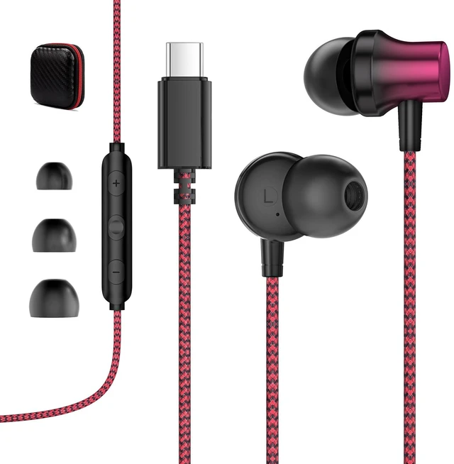 Main image of USB C Wired Headphones Magnetic in Ear Type C Earbuds Mic Nylon Black Red Tangle-Free USB C Earphones for iPhone 18 Pro Max Galaxy S26 FE S25 for Google Pixel 10 9 for iPad/MacBook Pro Android Phone