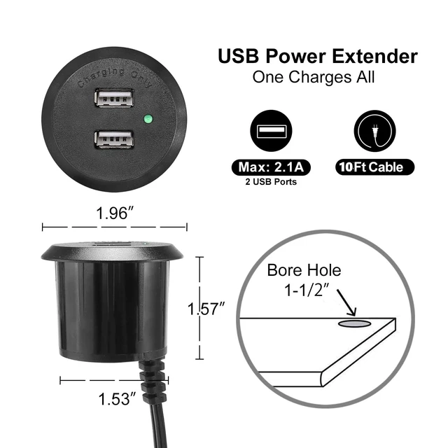 Alt view image 2 of 6 - Desktop Recessed Mount USB Power Hub Desk Power Outlet Charging Center Nightstand Cabinet (2 USB 2.1A 10 ft)