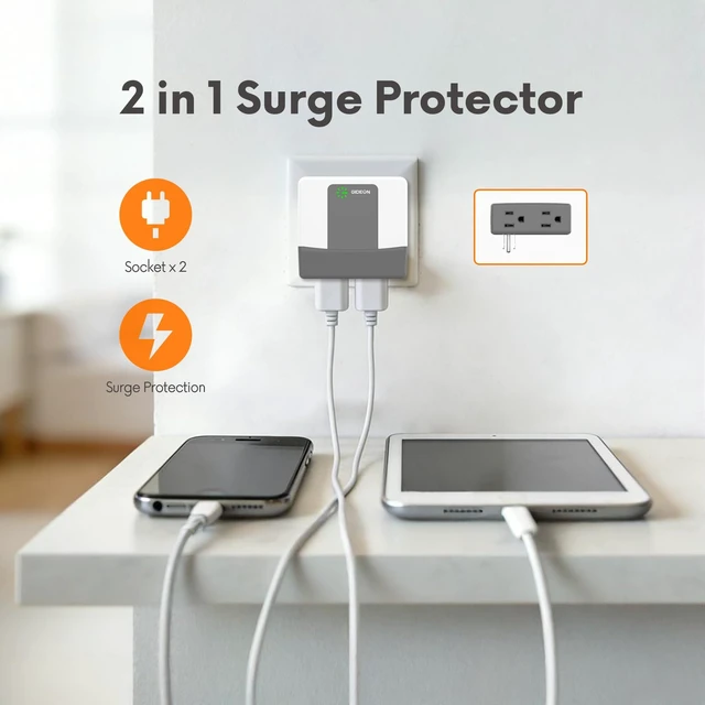Alt view image 4 of 7 - 2 Outlet Surge Protector, Voltage Protector for Refrigerator, Air Conditioner & Home Appliances, 120V 15A 1800W Wall Plug with LED Indicators, Over & Under Voltage Protection