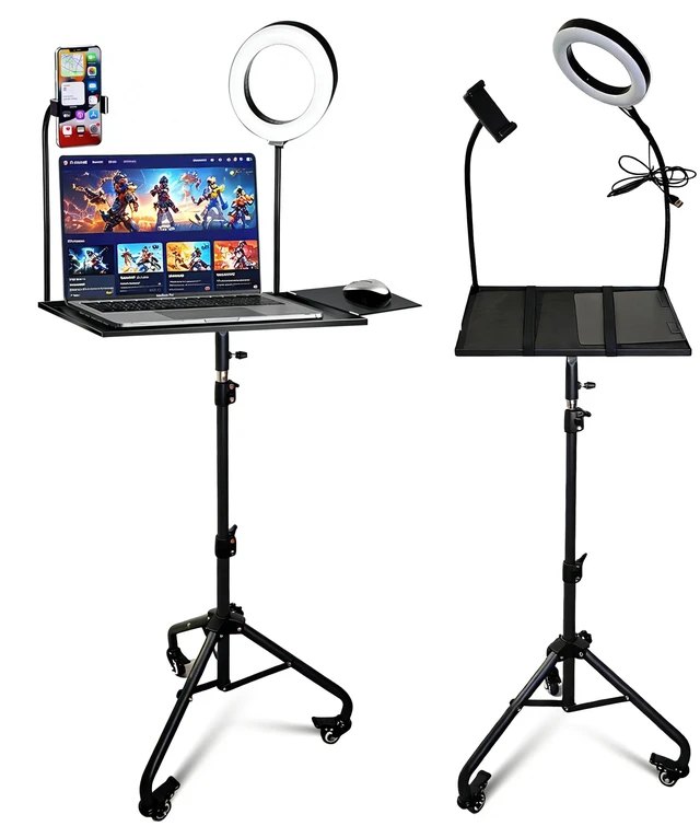 Main image of Rolling Laptop Tripod Stand with Wheels, Adjustable Height 2955 Inch Projector Tripod Stand, Portable Laptop Floor Holder with 6" LED Ring Light and Phone Holder