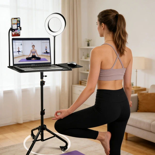 Alt view image 3 of 7 - Rolling Laptop Tripod Stand with Wheels, Adjustable Height 2955 Inch Projector Tripod Stand, Portable Laptop Floor Holder with 6" LED Ring Light and Phone Holder