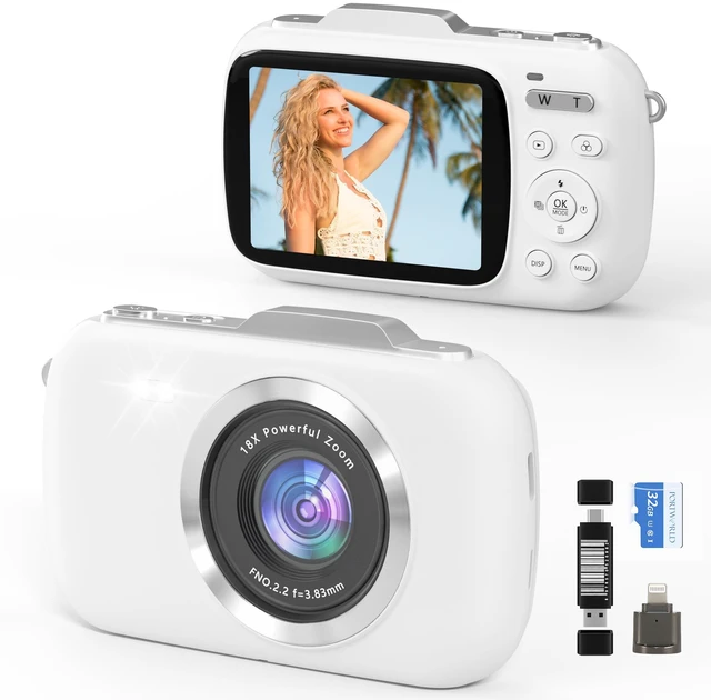 Main image of 4K Digital Cameras for Vlogging: 64MP Point and Shoot Compact Small Travel Camera - 18X Zoom 32G TF Card & 2.8-inch Screen for Kids Beginners Teens Adults Girls White
