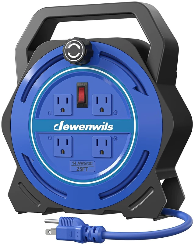 Main image of 25FT Extension Cord Reel, Portable Extension Cord, 14/3 SJTW Cord 4 Grounded Outlets, 15A Circuit Breaker, Hand Wind Extension Cord for Garage, Workshop, Courtyard, Lawn, Camping, ETL Listed