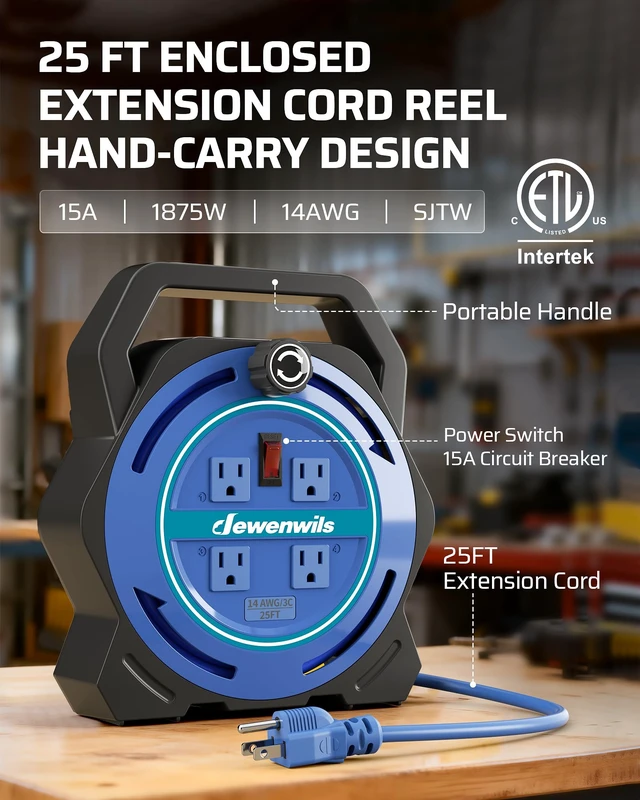 Alt view image 2 of 7 - 25FT Extension Cord Reel, Portable Extension Cord, 14/3 SJTW Cord 4 Grounded Outlets, 15A Circuit Breaker, Hand Wind Extension Cord for Garage, Workshop, Courtyard, Lawn, Camping, ETL Listed