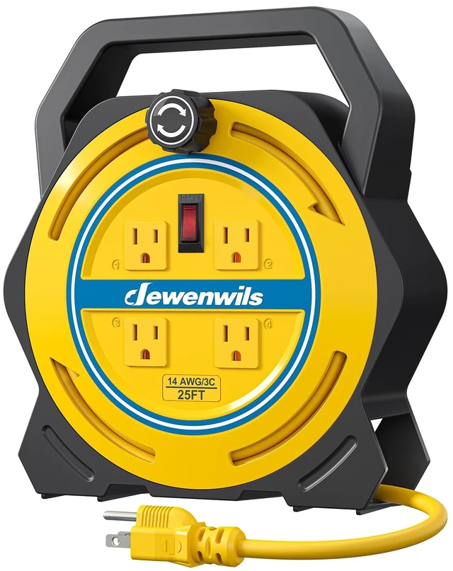 Main image of 25FT Extension Cord Reel, Portable Extension Cord, 14/3 SJTW Cord 4 Grounded Outlets, 15A Circuit Breaker, Hand Wind Extension Cord for Garage, Workshop, Courtyard, Lawn, Camping, ETL Listed