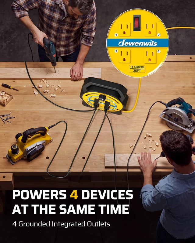 Alt view image 4 of 7 - 25FT Extension Cord Reel, Portable Extension Cord, 14/3 SJTW Cord 4 Grounded Outlets, 15A Circuit Breaker, Hand Wind Extension Cord for Garage, Workshop, Courtyard, Lawn, Camping, ETL Listed