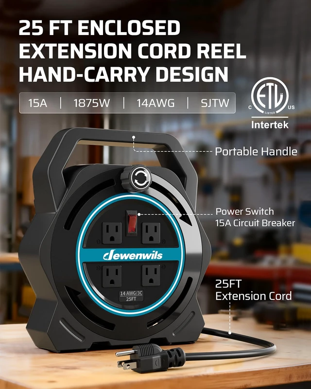 Alt view image 2 of 7 - 25FT Extension Cord Reel, Portable Extension Cord, 14/3 SJTW Cord 4 Grounded Outlets, 15A Circuit Breaker, Hand Wind Extension Cord for Garage, Workshop, Courtyard, Lawn, Camping, ETL Listed