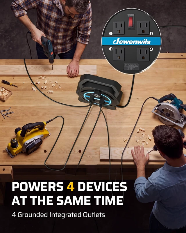 Alt view image 4 of 7 - 25FT Extension Cord Reel, Portable Extension Cord, 14/3 SJTW Cord 4 Grounded Outlets, 15A Circuit Breaker, Hand Wind Extension Cord for Garage, Workshop, Courtyard, Lawn, Camping, ETL Listed