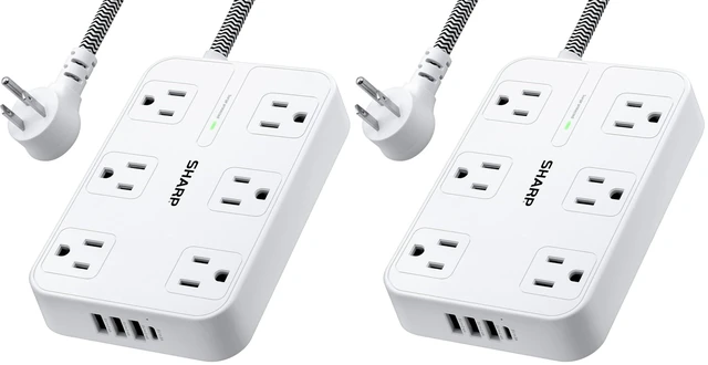 Main image of Surge Protector Power Strip - 6 Widely Spaced Outlets with 4 USB Fast Charge USB Charging Ports (3 USB-A and 1 USB Type-C), Flat Wall-Hugger Plug and 6 ft. Braided Cord, White (Pack of 2)