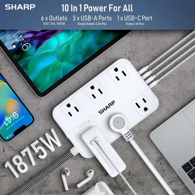 Alt view image 2 of 7 - Surge Protector Power Strip - 6 Widely Spaced Outlets with 4 USB Fast Charge USB Charging Ports (3 USB-A and 1 USB Type-C), Flat Wall-Hugger Plug and 6 ft. Braided Cord, White (Pack of 2)
