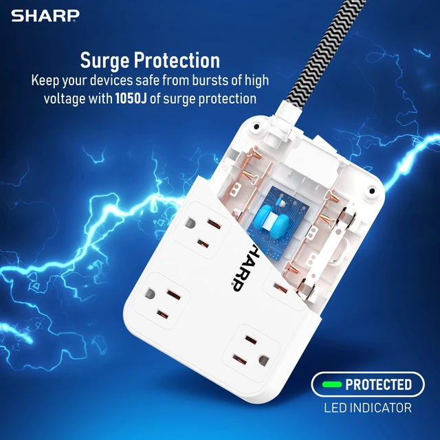 Alt view image 3 of 7 - Surge Protector Power Strip - 6 Widely Spaced Outlets with 4 USB Fast Charge USB Charging Ports (3 USB-A and 1 USB Type-C), Flat Wall-Hugger Plug and 6 ft. Braided Cord, White (Pack of 2)