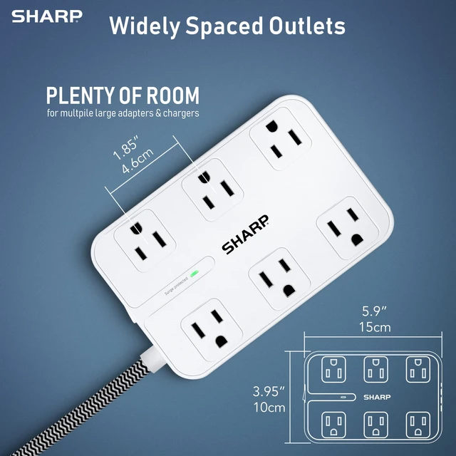 Alt view image 4 of 7 - Surge Protector Power Strip - 6 Widely Spaced Outlets with 4 USB Fast Charge USB Charging Ports (3 USB-A and 1 USB Type-C), Flat Wall-Hugger Plug and 6 ft. Braided Cord, White (Pack of 2)