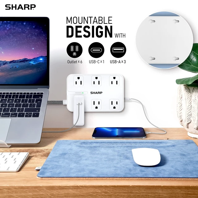 Alt view image 6 of 7 - Surge Protector Power Strip - 6 Widely Spaced Outlets with 4 USB Fast Charge USB Charging Ports (3 USB-A and 1 USB Type-C), Flat Wall-Hugger Plug and 6 ft. Braided Cord, White (Pack of 2)