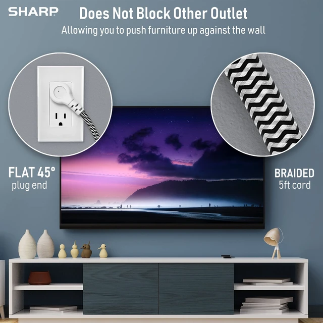 Alt view image 5 of 7 - Surge Protector Power Strip - 6 Widely Spaced Outlets with 4 USB Fast Charge USB Charging Ports (3 USB-A and 1 USB Type-C), Flat Wall-Hugger Plug and 6 ft. Braided Cord, White (Pack of 2)