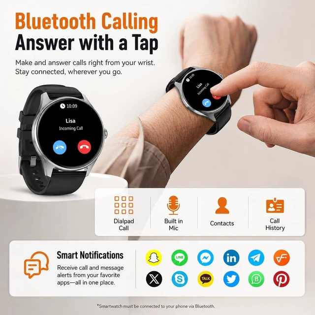 Alt view image 2 of 7 - Smart Watches for Men Women, 1.43" AMOLED Display, 7-Day Battery Life, 120+ Sport Modes with Heart Rate Sleep Monitor, Bluetooth Calling, IP68 Waterproof Fitness Watch for iPhone Android (Black)