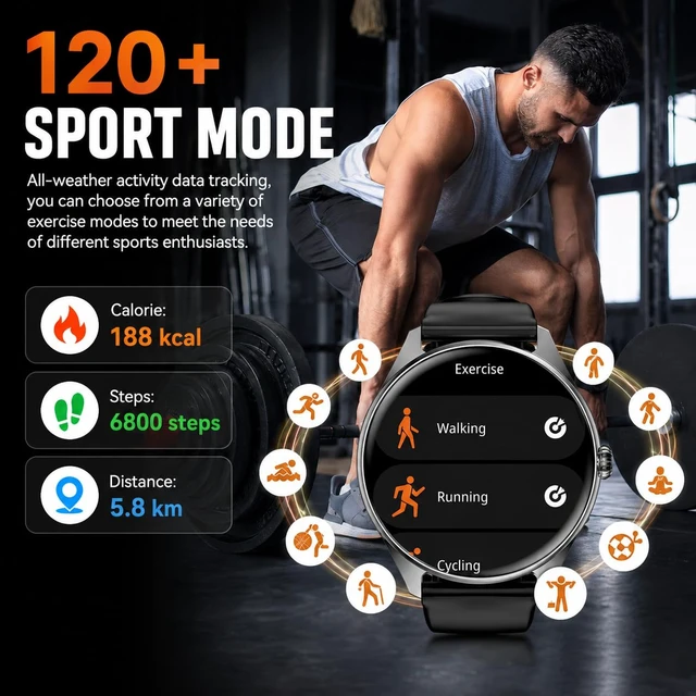 Alt view image 3 of 7 - Smart Watches for Men Women, 1.43" AMOLED Display, 7-Day Battery Life, 120+ Sport Modes with Heart Rate Sleep Monitor, Bluetooth Calling, IP68 Waterproof Fitness Watch for iPhone Android (Black)