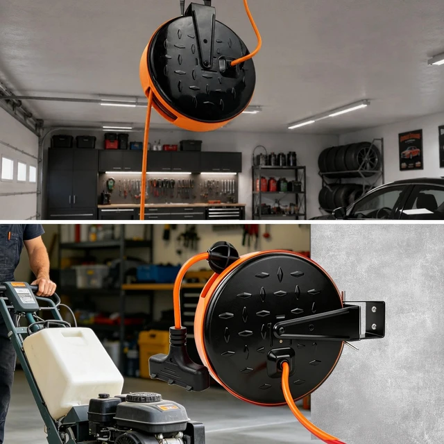 Alt view image 7 of 7 - 16/3 Gauge Retractable Extension Cord Reel 30 FT, 3 Outlets Retractable Power Cord, 10A Circuit Breaker, Wall or Ceiling Mountable for Garage, Workshop, UL Listed, Orange