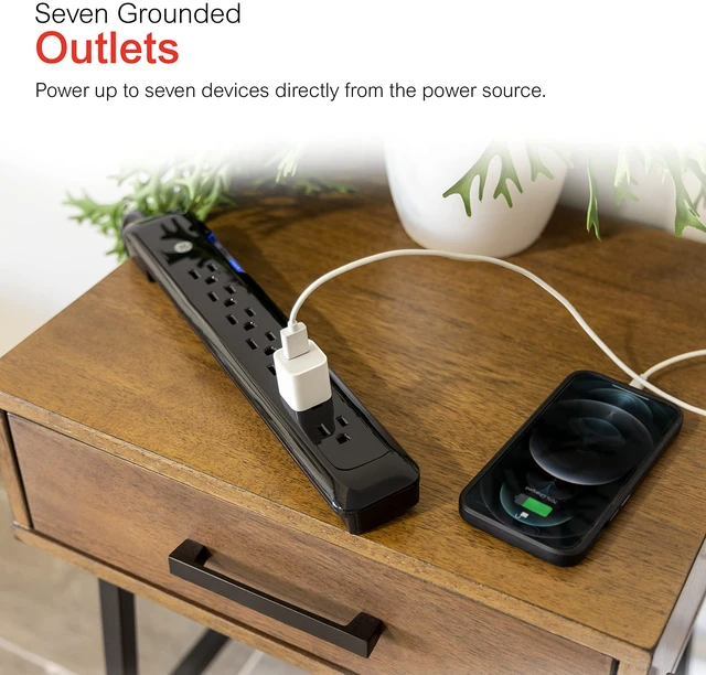 Alt view image 3 of 7 - Sur Protector Power Strip, 4 Ft Extension Cord, 7 Outlet Extender 1080 Joules, Flat Plug, Wall Mount, On Off Switch, UL Safety Certified, Black, 34460