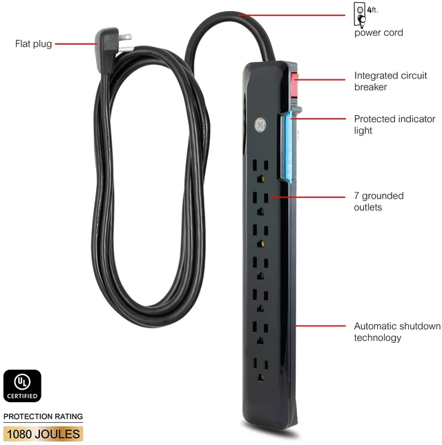 Alt view image 2 of 7 - Sur Protector Power Strip, 4 Ft Extension Cord, 7 Outlet Extender 1080 Joules, Flat Plug, Wall Mount, On Off Switch, UL Safety Certified, Black, 34460